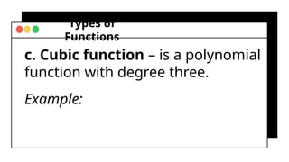 Types of
Functions
c. Cubic function – is a polynomial
function with degree three.
Example:
 