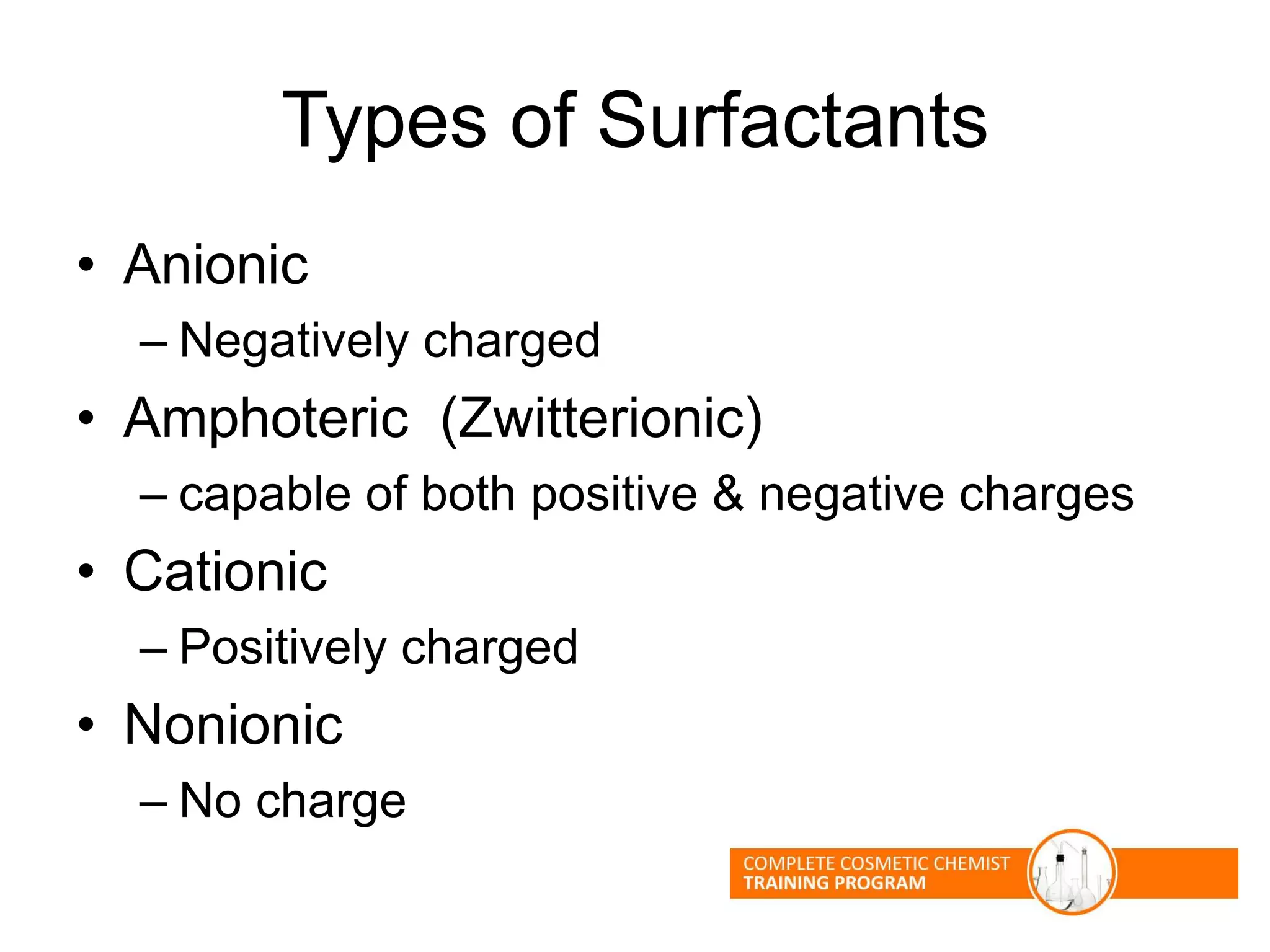 Types of Surfactants
• Anionic
– Negatively charged
• Amphoteric (Zwitterionic)
– capable of both positive & negative charges
• Cationic
– Positively charged
• Nonionic
– No charge
 