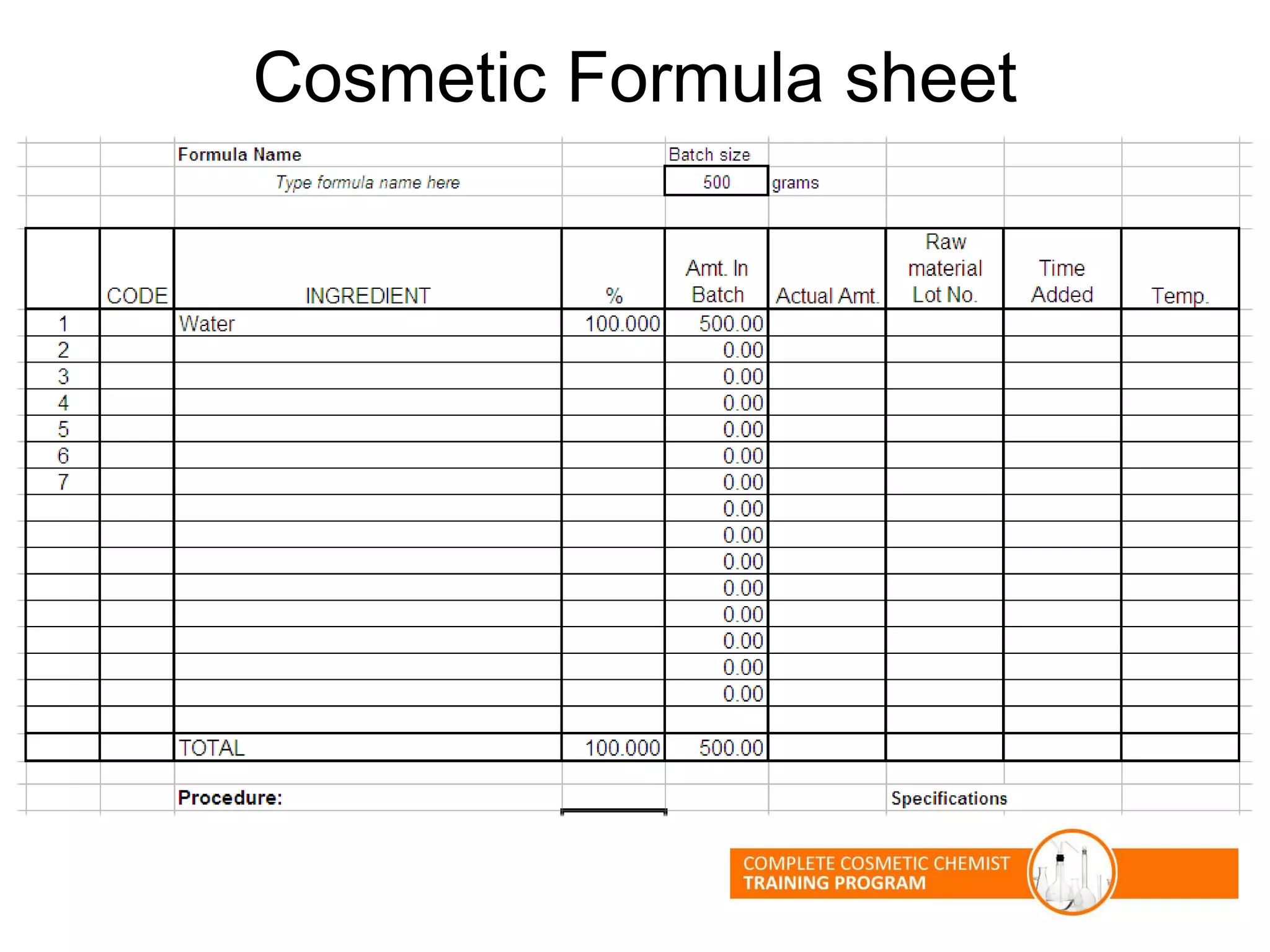 Cosmetic Formula sheet
 