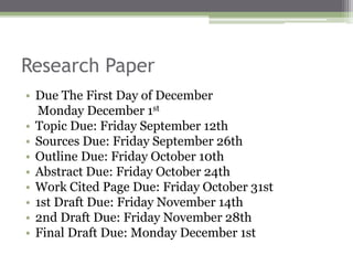 Research Paper
• Due The First Day of December
Monday December 1st
• Topic Due: Friday September 12th
• Sources Due: Friday September 26th
• Outline Due: Friday October 10th
• Abstract Due: Friday October 24th
• Work Cited Page Due: Friday October 31st
• 1st Draft Due: Friday November 14th
• 2nd Draft Due: Friday November 28th
• Final Draft Due: Monday December 1st
 