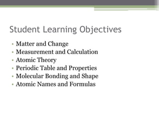 Student Learning Objectives
• Matter and Change
• Measurement and Calculation
• Atomic Theory
• Periodic Table and Properties
• Molecular Bonding and Shape
• Atomic Names and Formulas
 