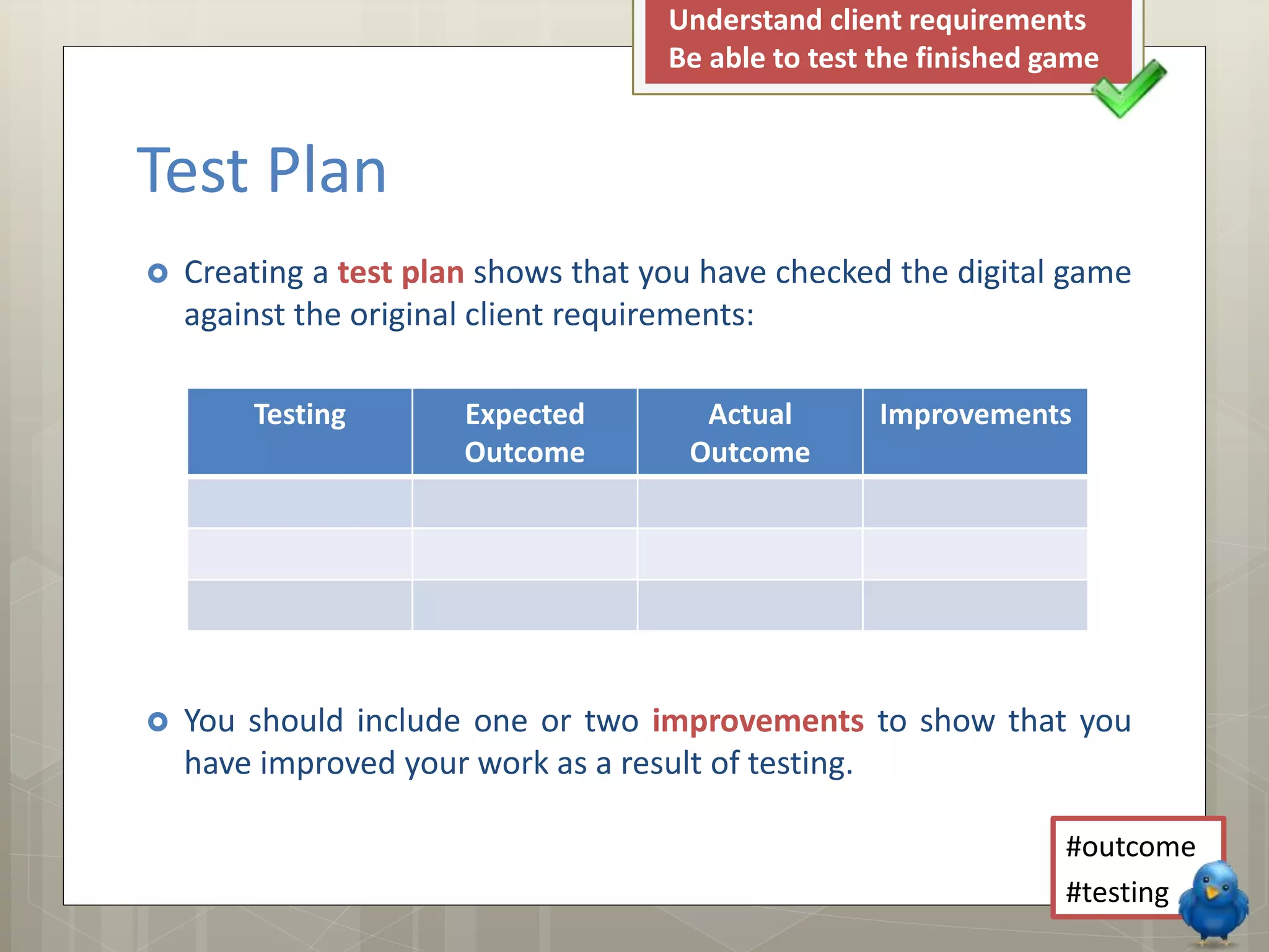 Test Plan 
Understand client requirements 
Be able to test the finished game 
 Creating a test plan shows that you have checked the digital game 
against the original client requirements: 
 You should include one or two improvements to show that you 
have improved your work as a result of testing. 
#outcome 
#testing 
Testing Expected 
Outcome 
Actual 
Outcome 
Improvements 
 