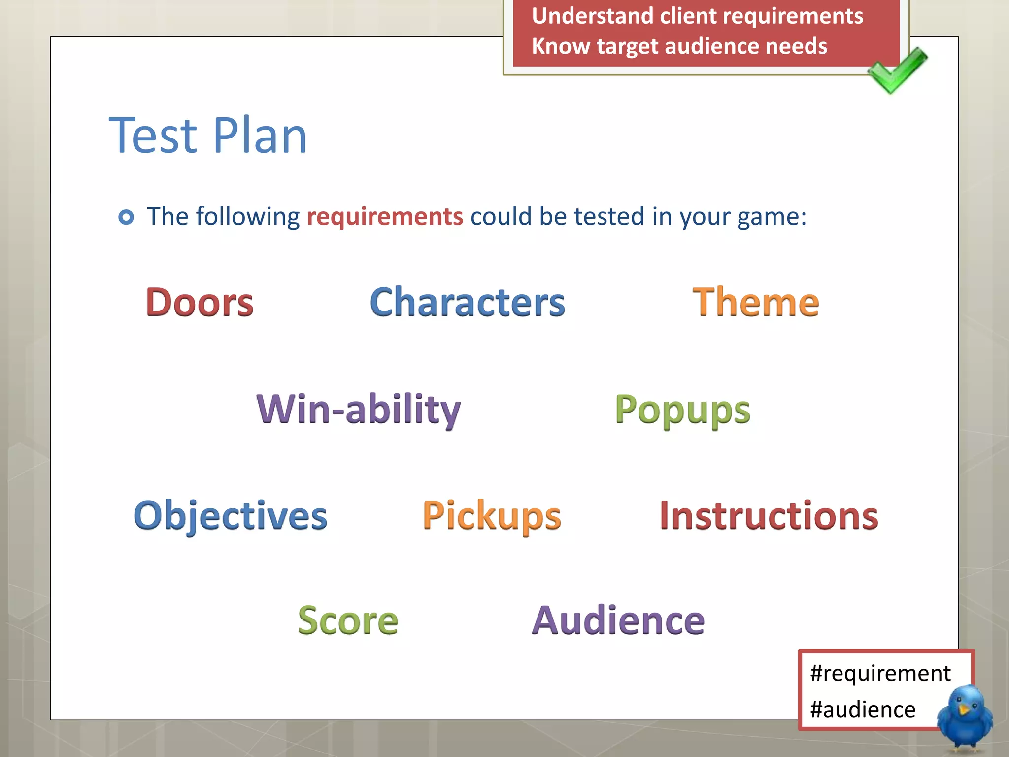  The following requirements could be tested in your game: 
Doors Characters 
Theme 
Win-ability Popups 
Pickups Instructions 
Audience 
#requirement 
#audience 
Test Plan 
Understand client requirements 
Know target audience needs 
Objectives 
Score 
 