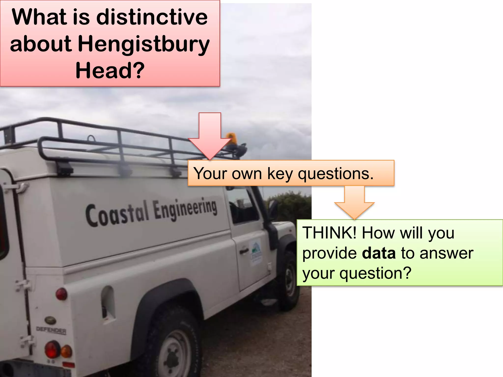 What is distinctive
about Hengistbury
Head?
Your own key questions.
THINK! How will you
provide data to answer
your question?
 