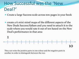 How Successful was the ‘New
Deal?’
 Create a large Success scale across tow pages in your book


 create a 6 mini mind maps of the different aspects of the
   New Deals Success/failure and you need to attach it to the
   scale where you would rate it out of ten based on the New
   Deal’s performance in that area

   1
                                                                            10
They can write the positive parts in one colour and the negative parts in
another in order to distinguish between the two.
 