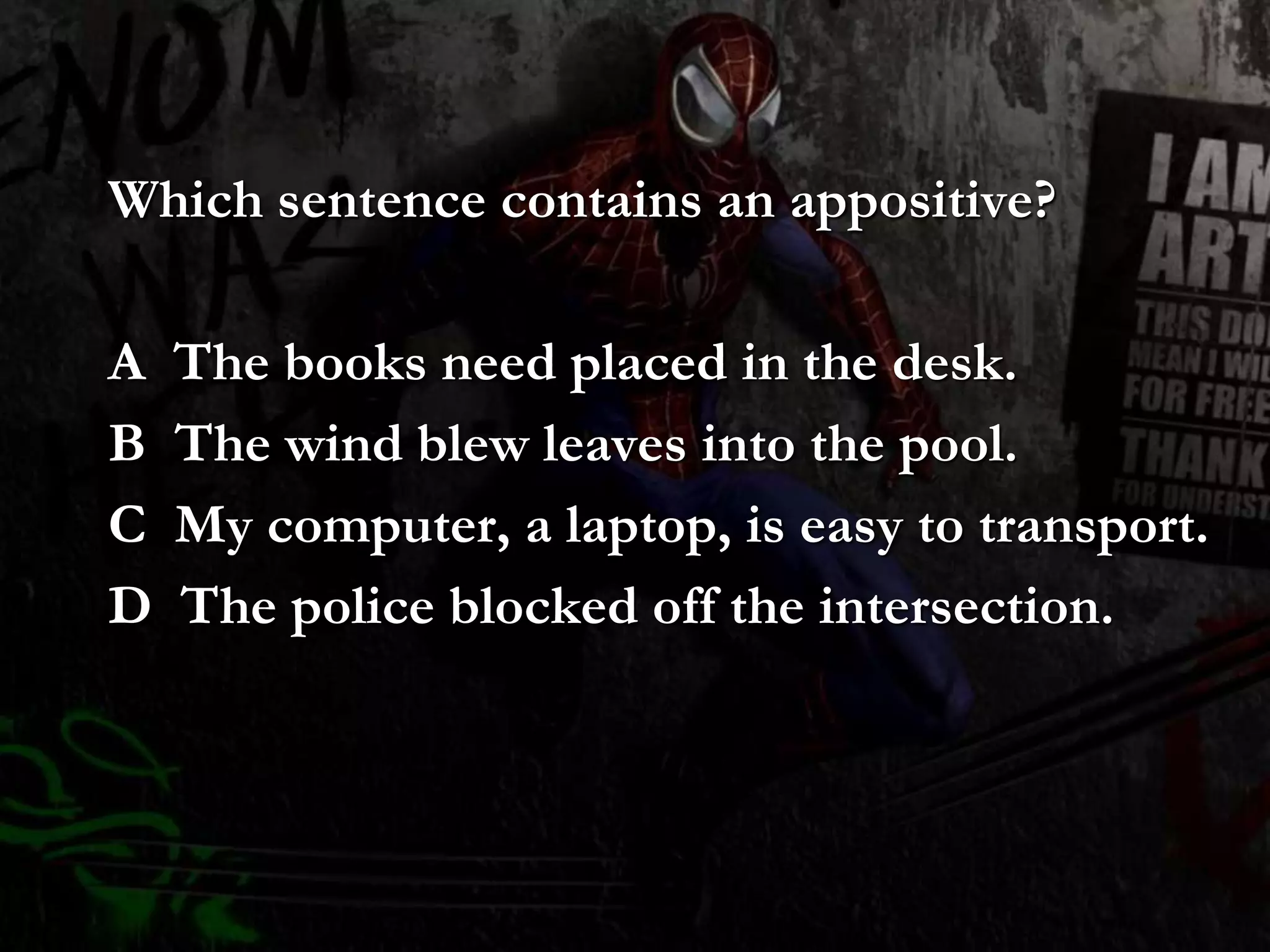Which sentence contains an appositive?
A The books need placed in the desk.
B The wind blew leaves into the pool.
C My computer, a laptop, is easy to transport.
D The police blocked off the intersection.
 