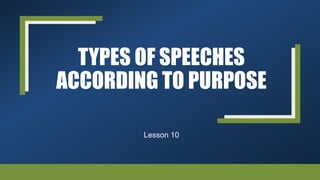 TYPES OF SPEECHES
ACCORDING TO PURPOSE
Lesson 10
 