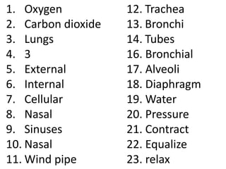 1. Oxygen           12. Trachea
2. Carbon dioxide   13. Bronchi
3. Lungs            14. Tubes
4. 3                16. Bronchial
5. External         17. Alveoli
6. Internal         18. Diaphragm
7. Cellular         19. Water
8. Nasal            20. Pressure
9. Sinuses          21. Contract
10. Nasal           22. Equalize
11. Wind pipe       23. relax
 