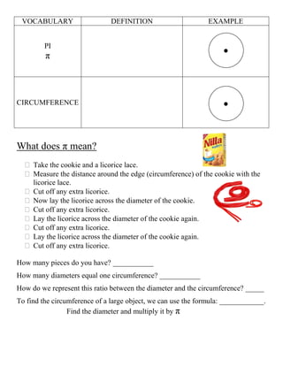 VOCABULARY                    DEFINITION                      EXAMPLE


         PI
         π



CIRCUMFERENCE




What does π mean?
     Take the cookie and a licorice lace.
     Measure the distance around the edge (circumference) of the cookie with the
     licorice lace.
     Cut off any extra licorice.
     Now lay the licorice across the diameter of the cookie.
     Cut off any extra licorice.
     Lay the licorice across the diameter of the cookie again.
     Cut off any extra licorice.
     Lay the licorice across the diameter of the cookie again.
     Cut off any extra licorice.

How many pieces do you have? ___________
How many diameters equal one circumference? ___________
How do we represent this ratio between the diameter and the circumference? _____
To find the circumference of a large object, we can use the formula: ____________.
                 Find the diameter and multiply it by π
 