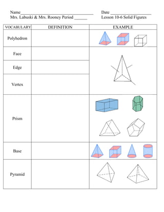 Name__________________________________     Date ___________________
 Mrs. Labuski & Mrs. Rooney Period ______   Lesson 10-6 Solid Figures

VOCABULARY         DEFINITION                    EXAMPLE

Polyhedron


   Face


   Edge


  Vertex




  Prism




   Base




 Pyramid
 