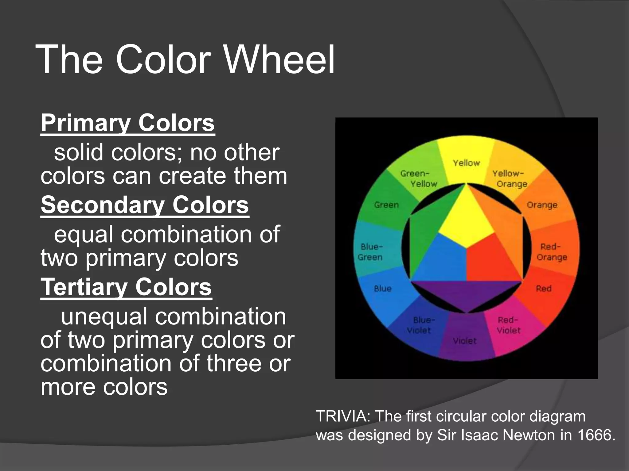 The Color Wheel
Primary Colors
solid colors; no other
colors can create them
Secondary Colors
equal combination of
two primary colors
Tertiary Colors
unequal combination
of two primary colors or
combination of three or
more colors
TRIVIA: The first circular color diagram
was designed by Sir Isaac Newton in 1666.
 