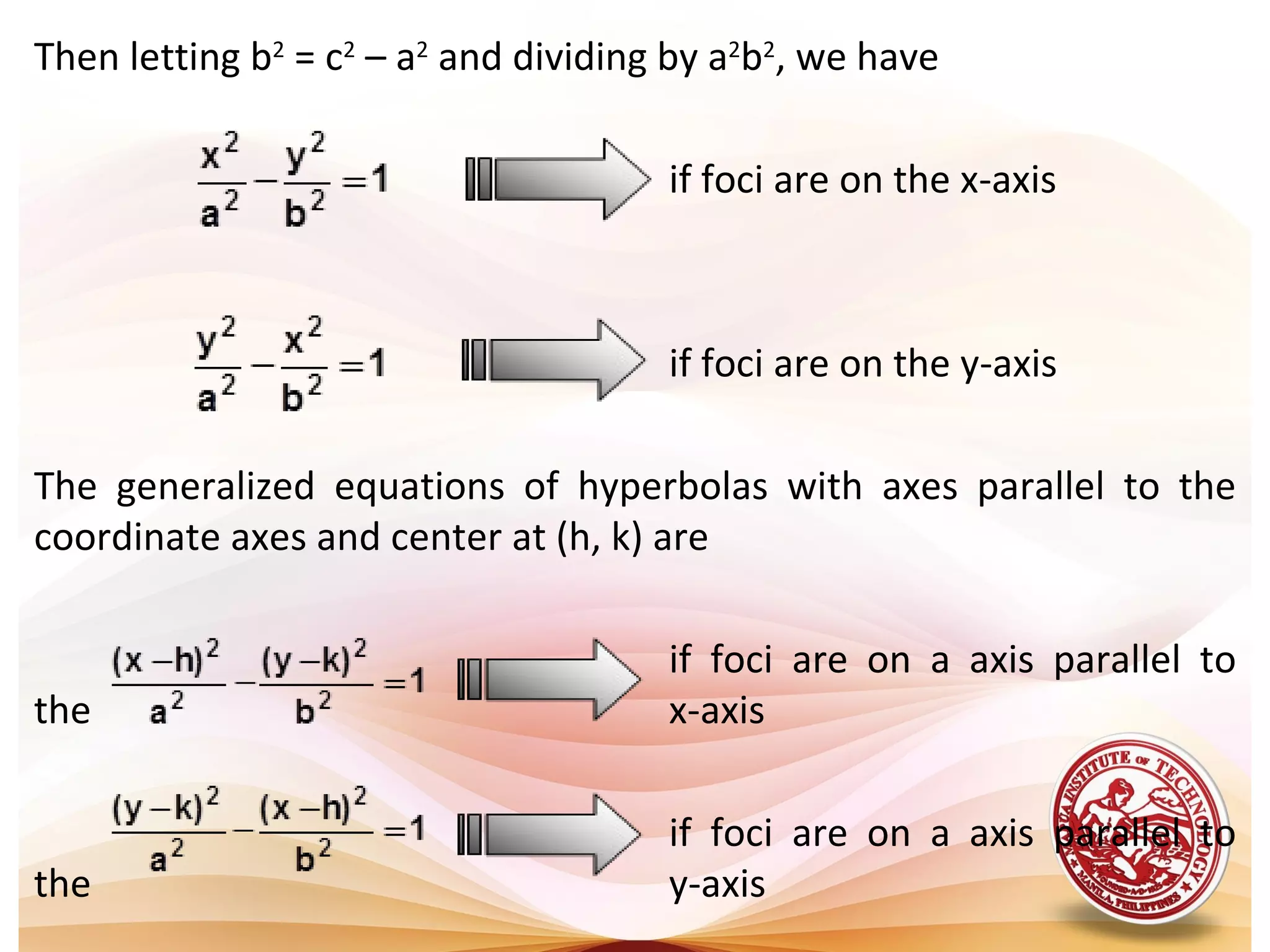 Then letting b2 = c2 – a2 and dividing by a2b2, we have

                                      if foci are on the x-axis



                                      if foci are on the y-axis

The generalized equations of hyperbolas with axes parallel to the
coordinate axes and center at (h, k) are

                                      if foci are on a axis parallel to
the                                   x-axis

                                      if foci are on a axis parallel to
the                                   y-axis
 