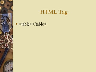 HTML Tag
 <table></table>
 