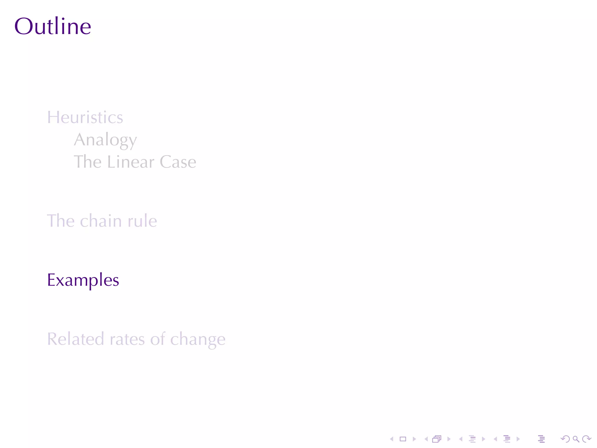 Outline


  Heuristics
    Analogy
    The	Linear	Case


  The	chain	rule


  Examples


  Related	rates	of	change




                            .   .   .   .   .   .
 