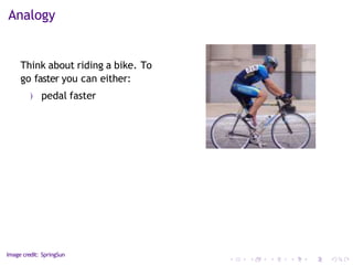 Analogy
Think about riding a bike. To
go faster you can either:
) pedal faster
Image credit: SpringSun
 