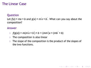 The Linear Case
Question
Let f(x) = mx + b and g(x) = m′x + b′
. What can you say about the
composition?
Answer
) f(g(x)) = m(m′x + b′
) + b = (mm′)x + (mb′
+ b)
) The composition is also linear
) The slope of the composition is the product of the slopes of
the two functions.
 