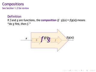 Compositions
See Section 1.2 for review
Definition
If f and g are functions, the composition (f◦ g)(x) = f(g(x)) means
“do g first, then f.”
g f
x f(g(x))
f◦
g(x
g
)
 