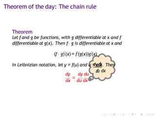 Theorem of the day: The chain rule
dy dy du
dx
=
du dx
Theorem
Let f and g be functions, with g differentiable at x and f
differentiable at g(x). Then f◦ g is differentiable at x and
(f ◦ g)′(x) = f′
(g(x))g′(x)
In Leibnizian notation, let y = f(u) and u =
dy
g(
/
d
x
/
u
). Then
/
d
/
u dx
 