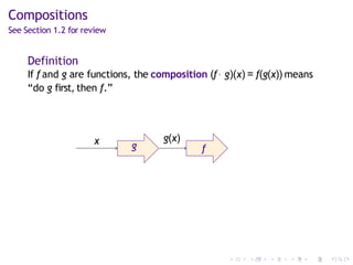 Compositions
See Section 1.2 for review
Definition
If f and g are functions, the composition (f◦ g)(x) = f(g(x)) means
“do g first, then f.”
g f
x g(x)
 