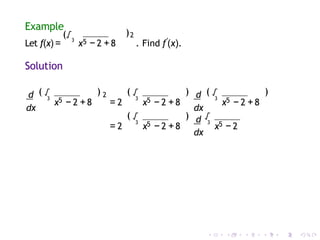 Example
)2
Let f(x) =
(√3
x5 − 2 +8 . Find f′
(x).
Solution
d
dx
3
√
( ) 2 (
3
√
5 5
x − 2 +8 = 2 x − 2 +8
3
√
5
x − 2 +8
)
(
3
√
5
= 2 x − 2 +8
) (
)
d
dx
d
dx
3
√
5
x − 2
 