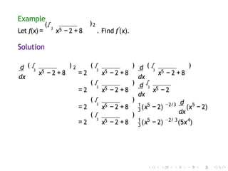 Example
)2
Let f(x) =
(√3
x5 − 2 +8 . Find f′
(x).
Solution
d
dx
3
√
( ) 2 (
3
√
5 5
x − 2 +8 = 2 x − 2 +8
3
√
5
x − 2 +8
)
(
3
√
5
= 2 x − 2 +8
) (
)
d
dx
d
dx
3
√
5
x − 2
3
√
5
( )
3
= 2 x − 2 +8 (
1 5
x − 2)
d
dx
−2/3 5
(x − 2)
3
√
5
( )
3
= 2 x − 2 +8 (
1 5 −2/ 3 4
x − 2) (5x )
 