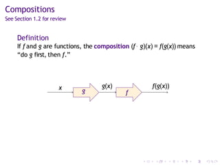 Compositions
See Section 1.2 for review
Definition
If f and g are functions, the composition (f◦ g)(x) = f(g(x)) means
“do g first, then f.”
g f
x g(x) f(g(x))
 