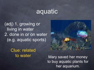 aquatic
(adj) 1. growing or
 living in water
2. done in or on water
 (e.g. aquatic sports)

   Clue: related
     to water             Mary saved her money
                         to buy aquatic plants for
                              her aquarium.
 