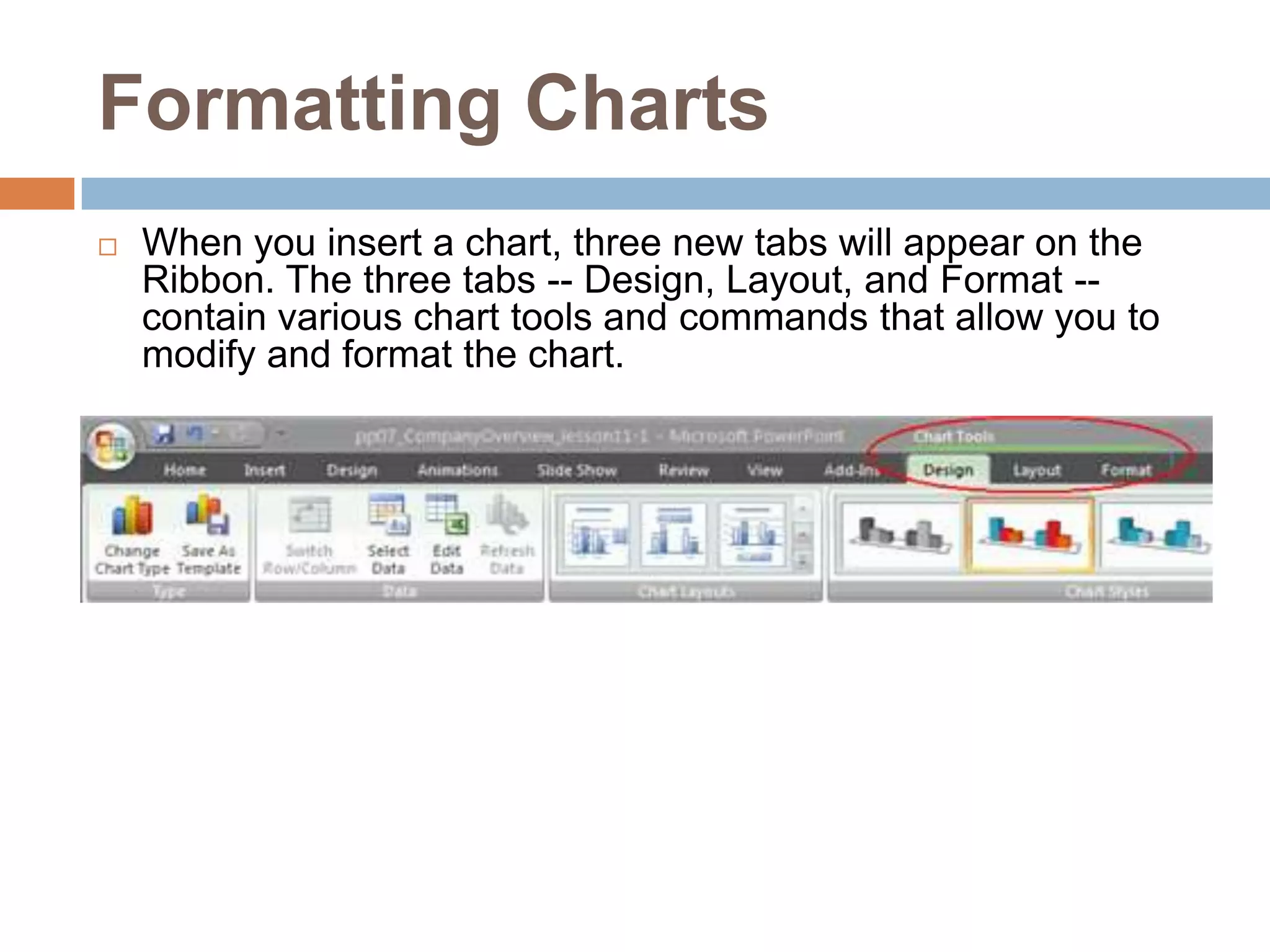 Formatting ChartsWhen you insert a chart, three new tabs will appear on the Ribbon. The three tabs -- Design, Layout, and Format -- contain various chart tools and commands that allow you to modify and format the chart.