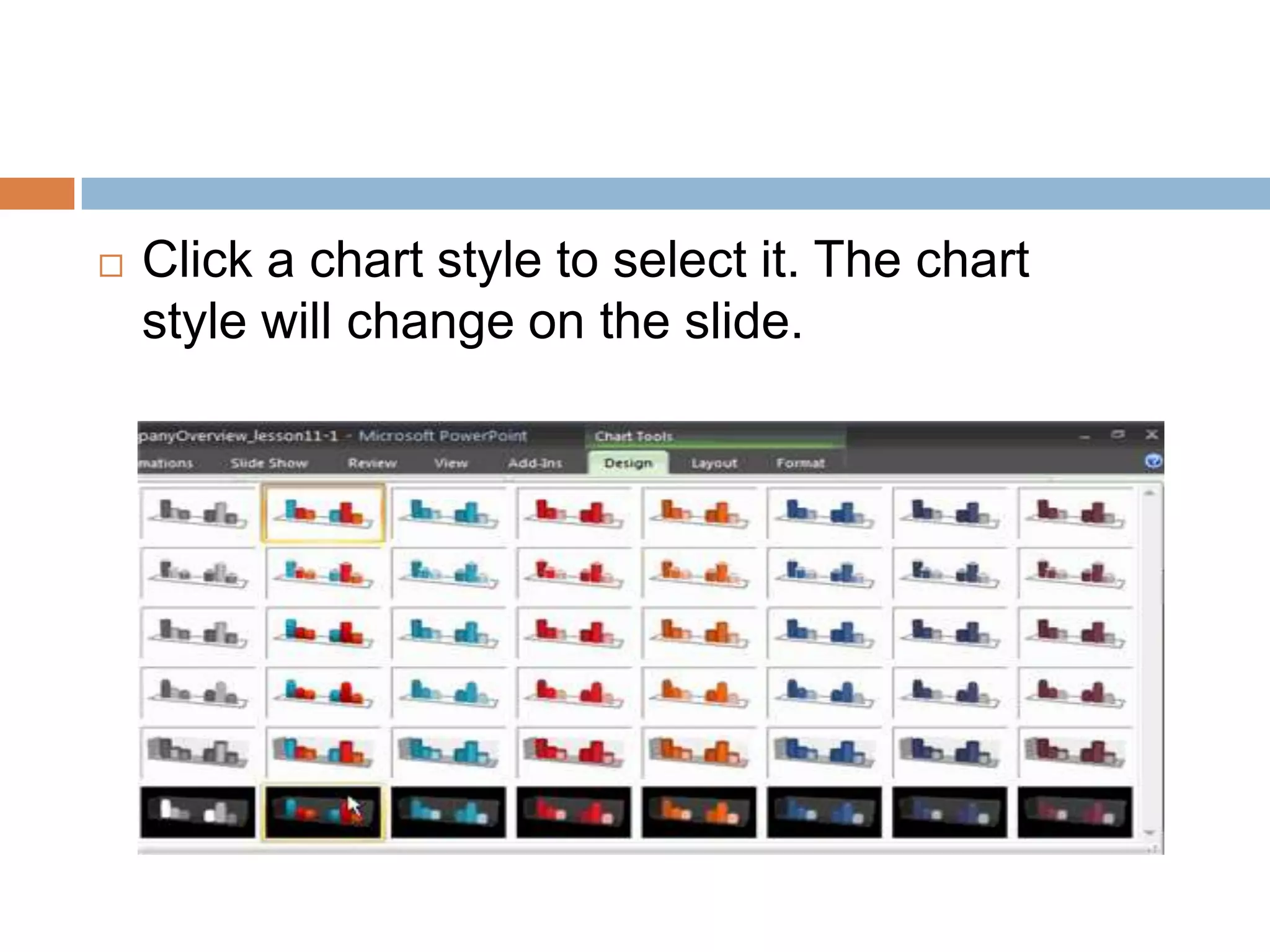Click a chart style to select it. The chart style will change on the slide.