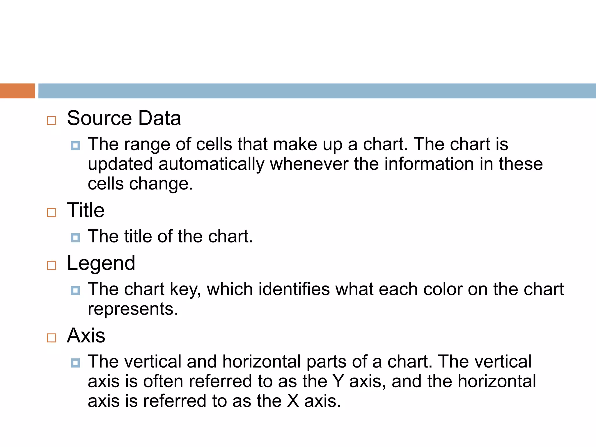 Source DataThe range of cells that make up a chart. The chart is updated automatically whenever the information in these cells change.TitleThe title of the chart.LegendThe chart key, which identifies what each color on the chart represents.AxisThe vertical and horizontal parts of a chart. The vertical axis is often referred to as the Y axis, and the horizontal axis is referred to as the X axis.