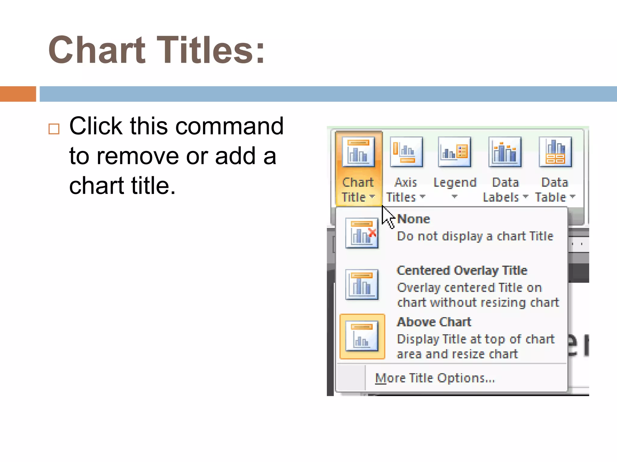Axis TitleClick this command and choose to hide or display the horizontal, or x axis, label; hide or display the vertical, or y axis, labels; and change the direction of the axis labels to horizontal or vertical.