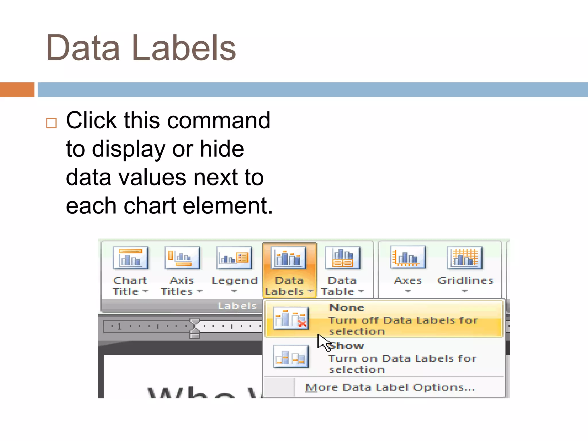 Other Important Commands on the Layout TabIn the Axes group, there are several commands that control both axes and whether the gridlines are visible. In the Background group, there are several commands that control the visual aspects of the chart. Some commands in the Analysis group will appear active only if the selected chart is a line, area, or bubble chart.