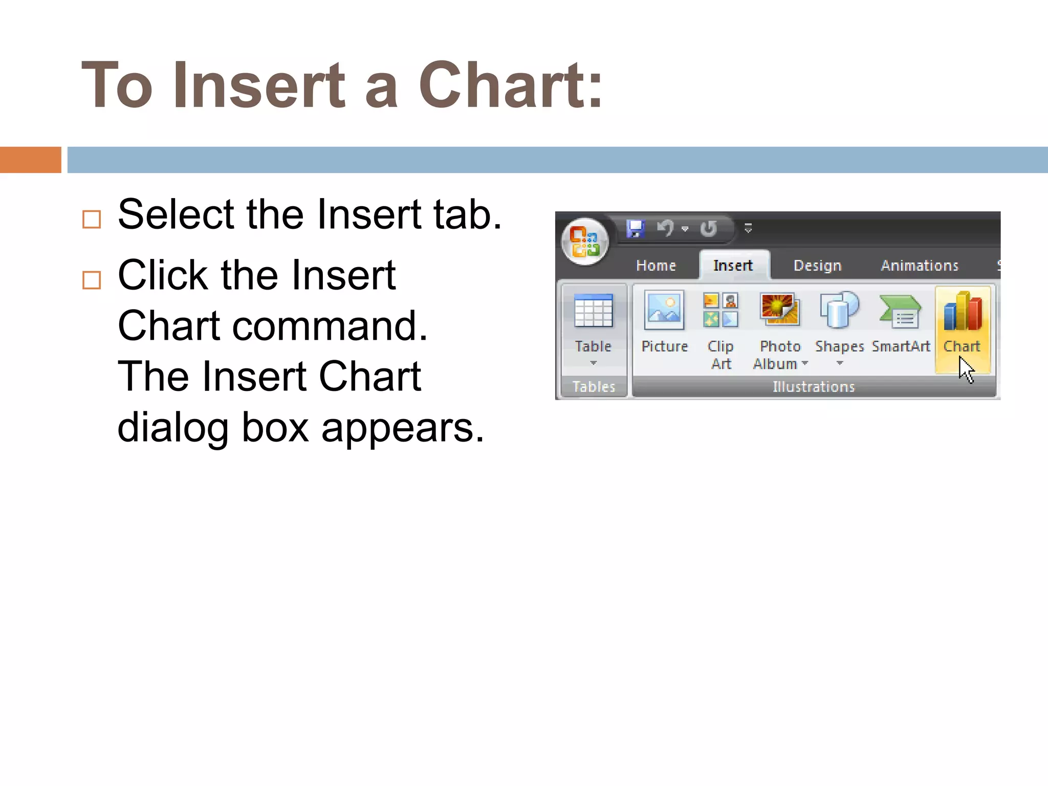 To Insert a Chart:Select the Insert tab.Click the Insert Chart command. The Insert Chart dialog box appears.