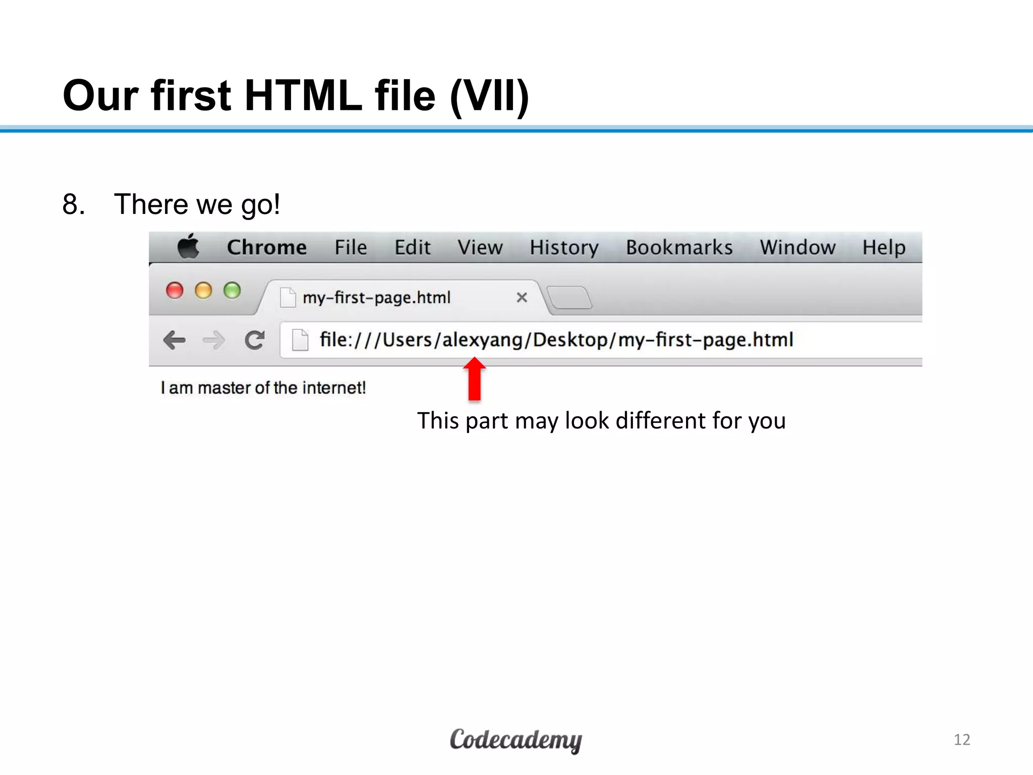 Our first HTML file (VII)
8. There we go!
12
This part may look different for you
 