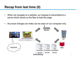 HAHAHA
Router
ISP
Facebook
server
Amazon
server
Youtube
server
DNS
Recap from last time (II)
• When we navigate to a website, our request is transmitted to a
server which sends us the files to load the page
• Any local changes we make can be seen on our computer only
4
 