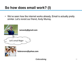 So how does email work? (I)
• We’ve seen how the internet works already. Email is actually pretty
similar. Let’s revisit our friend, Andy Murray.
10
Let’s email Roger
iamandy@gmail.com
federererer@yahoo.com
 