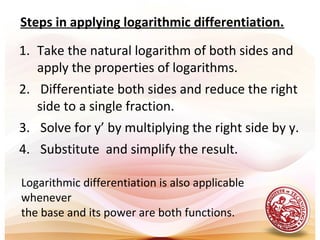1. Take the natural logarithm of both sides and
apply the properties of logarithms.
2. Differentiate both sides and reduce the right
side to a single fraction.
3. Solve for y’ by multiplying the right side by y.
4. Substitute and simplify the result.
Steps in applying logarithmic differentiation.
Logarithmic differentiation is also applicable
whenever
the base and its power are both functions.
 