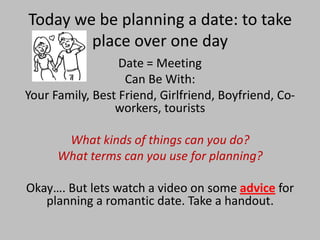 Today we be planning a date: to take
        place over one day
                  Date = Meeting
                   Can Be With:
Your Family, Best Friend, Girlfriend, Boyfriend, Co-
                 workers, tourists

       What kinds of things can you do?
      What terms can you use for planning?

Okay…. But lets watch a video on some advice for
   planning a romantic date. Take a handout.
 