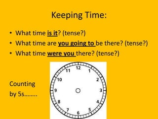 Keeping Time:
• What time is it? (tense?)
• What time are you going to be there? (tense?)
• What time were you there? (tense?)



Counting
by 5s……..
 