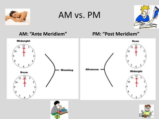 AM vs. PM
AM: “Ante Meridiem”   PM: “Post Meridiem”
 