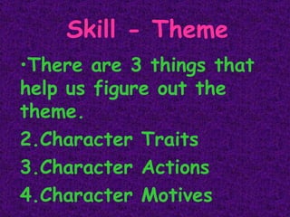 Skill - Theme There are 3 things that help us figure out the theme. Character Traits Character Actions Character Motives 