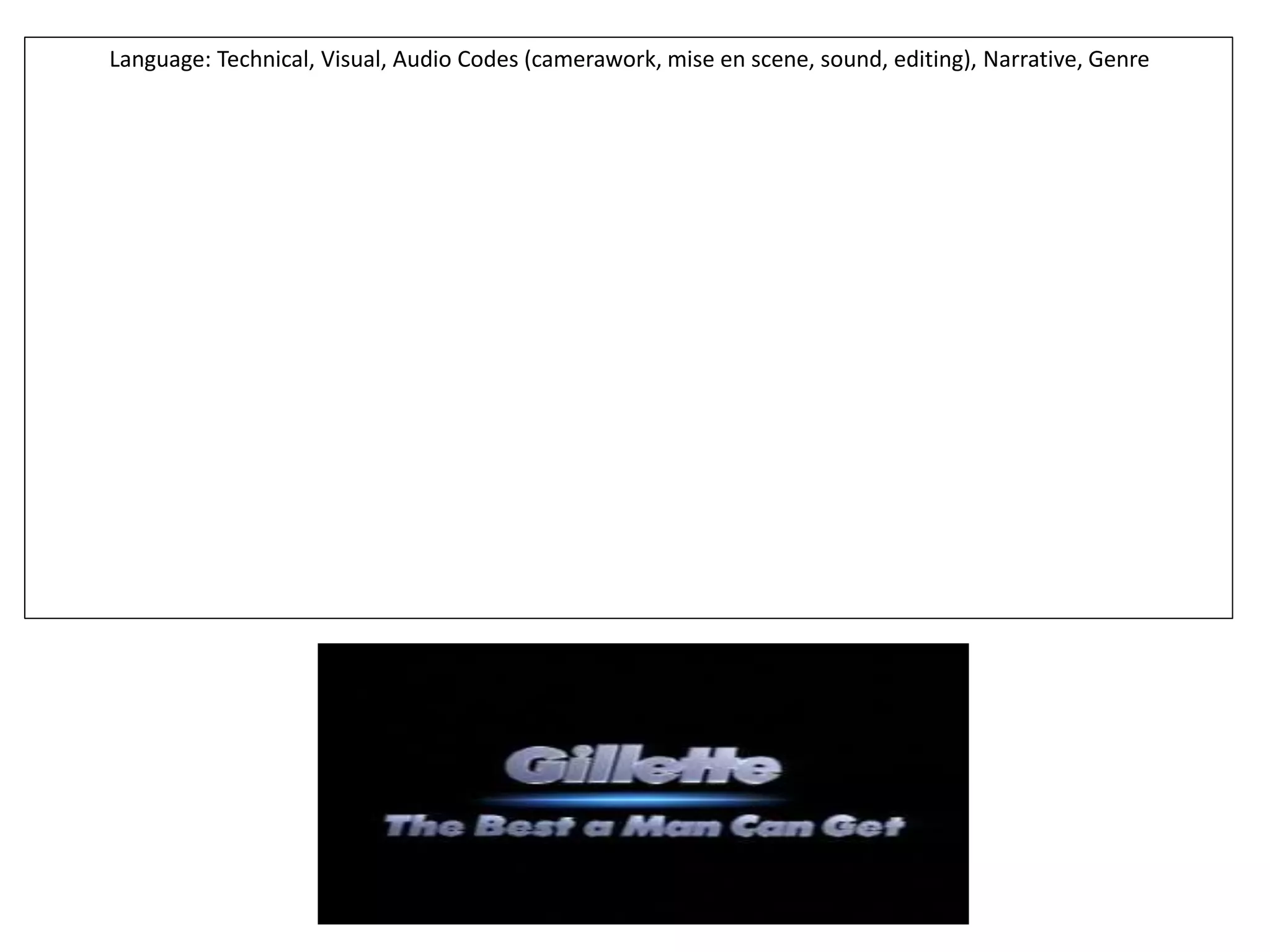 Language: Technical, Visual, Audio Codes (camerawork, mise en scene, sound, editing), Narrative, Genre
 