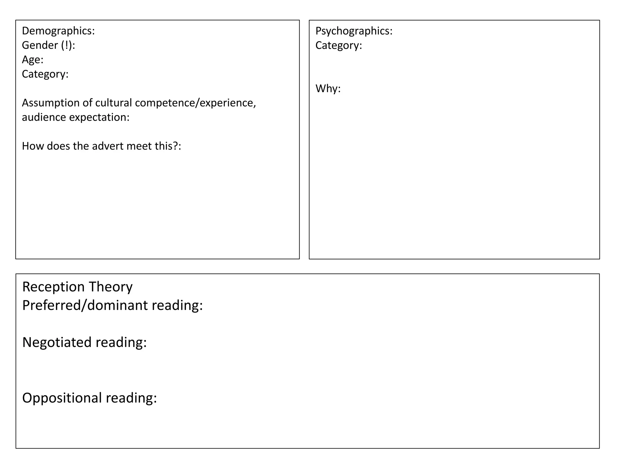 Demographics:
Gender (!):
Age:
Category:
Assumption of cultural competence/experience,
audience expectation:
How does the advert meet this?:
Psychographics:
Category:
Why:
Reception Theory
Preferred/dominant reading:
Negotiated reading:
Oppositional reading:
 