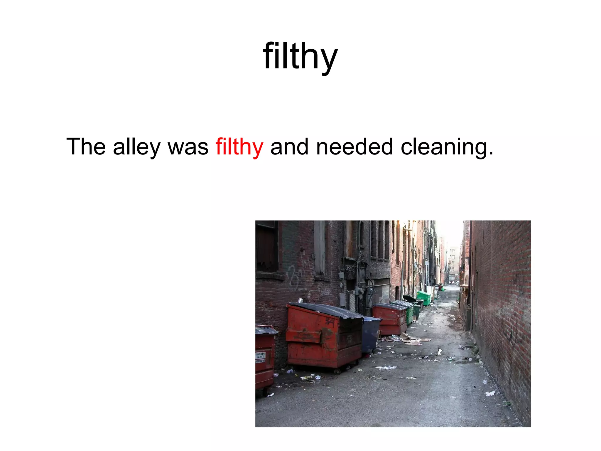 filthy The alley was filthy and needed cleaning.
