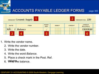 3

ACCOUNTS PAYABLE LEDGER FORMS
1

3

4

page 300

2

5

6

1. Write the vendor name.
2. Write the vendor number.
3. Write the date.
4. Write the word Balance.
5. Place a check mark in the Post. Ref.
6. column. balance.
Write the

CENTURY 21 ACCOUNTING © 2009 South-Western, Cengage Learning

LESSON 11-1

 