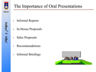 The Importance of Oral Presentations
• Informal Reports
• In-House Proposals
• Sales Proposals
• Recommendations
• Informal Briefings
 