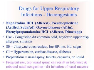 Drugs for Upper Respiratory
Infections - Decongestants
• Naphazoline HCL (Allerest), Pseudoephedrine
(Actifed, Sudafed), Oxymetolazone (Afrin),
Phenylpropanolamine HCL (Allerest, Dimetapp)
• Use - Congestion d/t common cold, hayfever, upper resp.
allergies, sinusitis
• SE = Jittery,nervous,restless, Inc BP, inc. bld. sugar
• CI = Hypertension, cardiac disease, diabetes
• Preparations = nasal spray, tablets, capsules, or liquid
• Frequent use, esp. nasal spray, can result in tolerance &
rebound nasal congestion - d/t irritation of nasal mucosa
 
