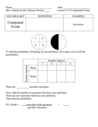 Name _______________________________                     Date _____________________
Mrs. Labuski & Mrs. Rooney Period ____                   Lesson 11-5 Compound Events

VOCABULARY                                  DEFINTION                  EXAMPLE

 Compound                                                              See below
   Event




To find the probability of landing on one and black, first make a list of all the
possibilities.

                                                  Number Spinner
                                              1     2       3      4
                   Number Spinner




                                    Black


                                    White



There are __________ possible outcomes.

Next, find the number of outcomes that have one and black.
There are two outcomes that have one and black.
Then find the probability.

P(1, black) =             ways the event can occur       =
                           possible outcomes
 