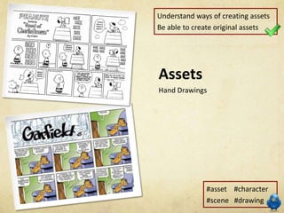 Understand ways of creating assets
Be able to create original assets




Assets
Hand Drawings




              #asset #character
              #scene #drawing
 