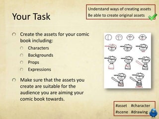 Understand ways of creating assets

Your Task                          Be able to create original assets



 Create the assets for your comic
 book including:
    Characters
    Backgrounds
    Props
    Expressions

 Extension: Put your assets into
 the creation section of the
 planning form and describe the
 process used to make each.
                                                 #asset #character
                                                 #scene #drawing
 